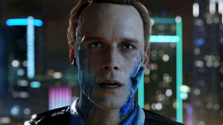 Another android from Detroit: Become Human, this one with realistic human-looking skin and hair, is open-mouthed and bleeding blue liquid from two wounds on his face.