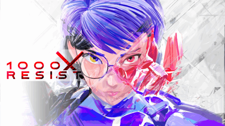 Key art from 1000xRESIST shows a young woman as a central figure, though parts of her face and hair seem to be an amalgamation of several identical-looking people.