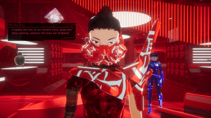 A screenshot from 1000xRESIST, awash in red, shows a girl in a facemask and sleek bodysuit staring forward at the viewer. 