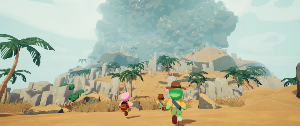 A screenshot from Peak shows several characters running towards a massive desert mountain.