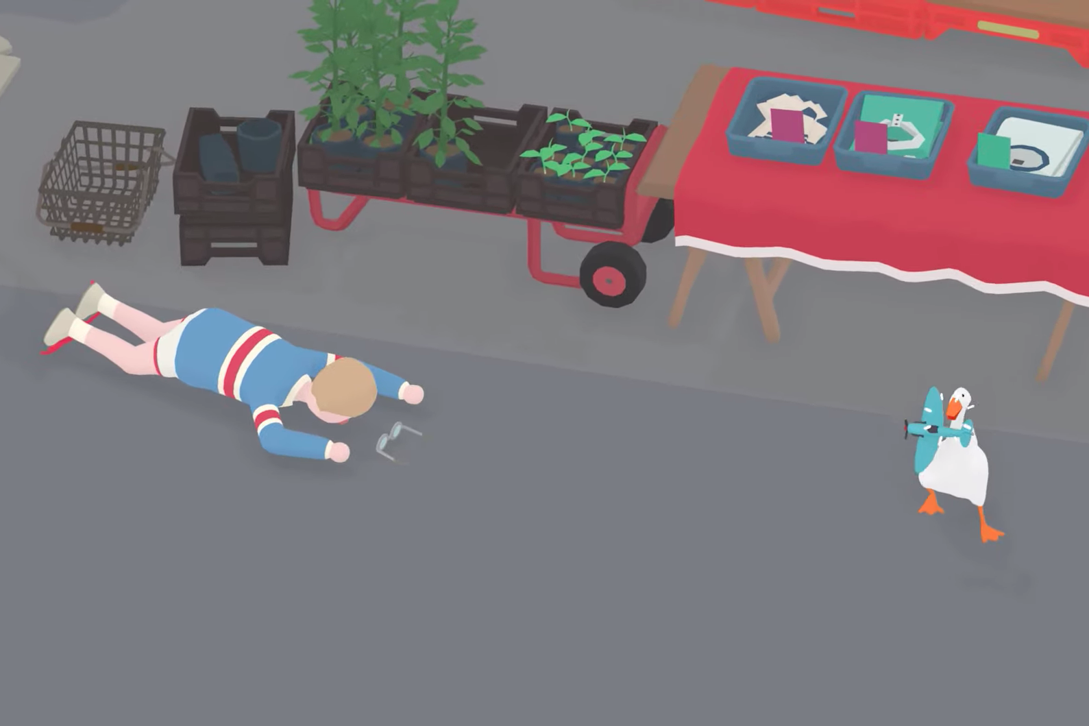 A boy lies facedown on the pavement, his glasses lying near his head, while a white goose tauntingly holds a toy airplane nearby.