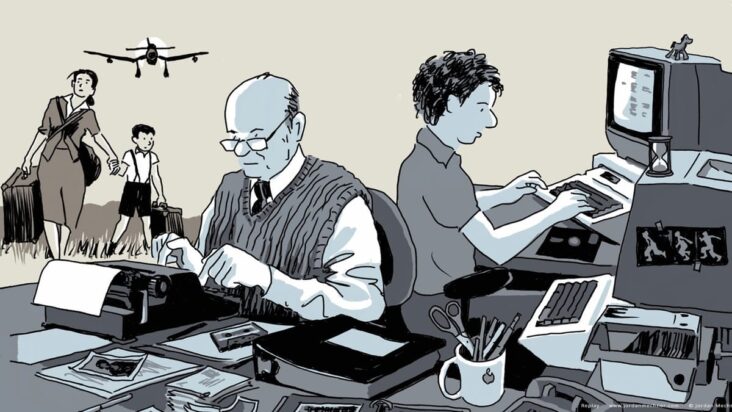 Several generations of Mechner's family are depicted in this panel: an older man works at a typewriter, a younger one types at a computer, and a young woman and boy walk across a field, suitcases in hand, as an airplane takes off behind them.