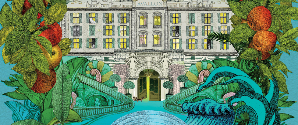 Detail from a drawing of an opulent hotel framed by palm fronds, fruit, and other lush vegetation.