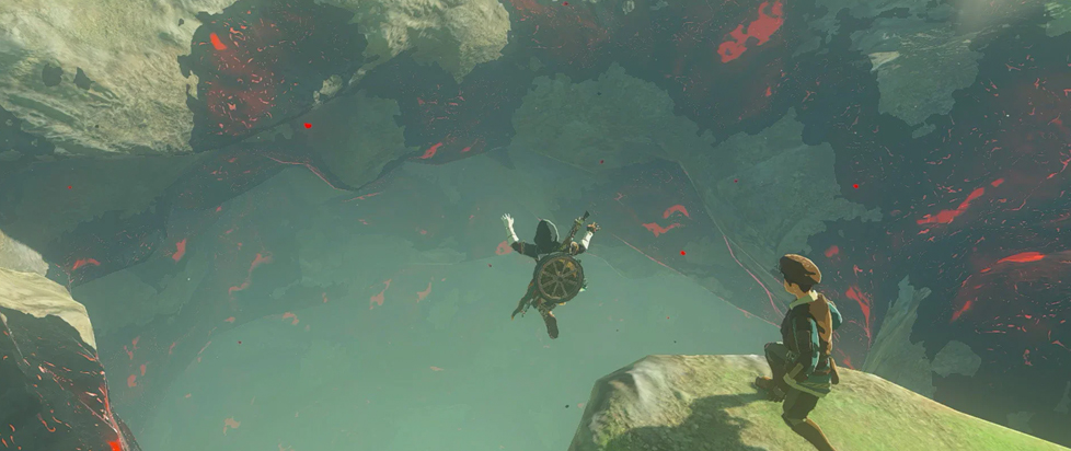 Link takes a flying leap of faith from a rock island in the sky in this screenshot from Tears of the Kingdom.