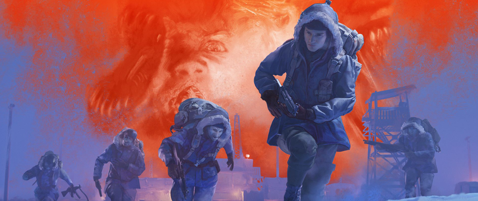 Art from The Thing Remastered videogame shows five people in arctic weather gear running through the snow from an scientific outpost, a tortured face taking up the majority of the sky behind them.