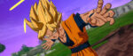Super Saiyan Goku spreads his arms wide while staring menacingly at the viewer.