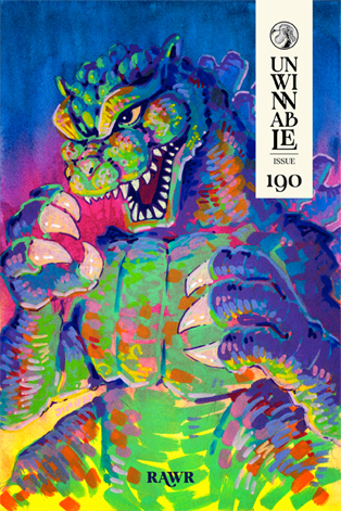 The cover of Unwinnable #190 shows a colorful portrait of Godzilla that is both cute and a little bit scary!