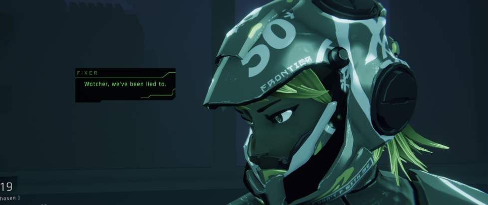 A screenshot from 1000xRESIST shows a woman in a motorcycle helmet staring stoically to the side. A dialogue box has a character called Fixer saying, "Watcher, we've been lied to."