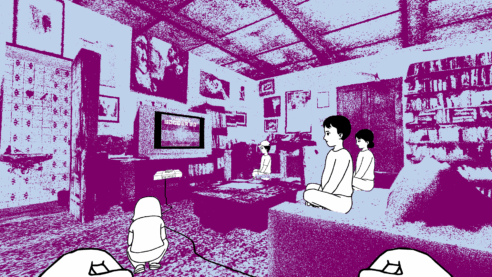 A screenshot from Despelote with the environment in an extremely grainy blue and purple but still showing a cozy bedroom with a playstation and a TV and everyone around it gearing up to play some videogame soccer