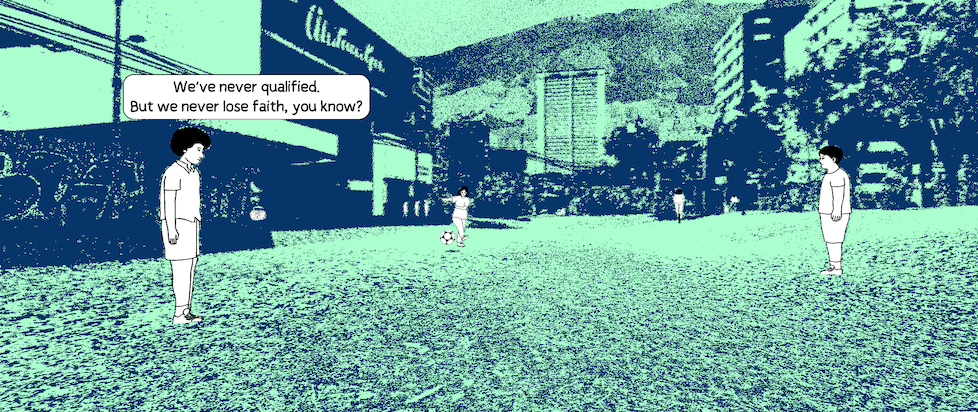 A screenshot from Despelote in green and blue with the characters in black and white kickin the ol' soccer ball around and chatting