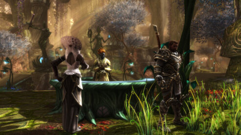 A screenshot from Kingom of Amalur where a knight in armor with a tattoo of a crown is walking away from two elves in a forest government kiosk of some kind