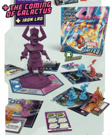 A crop of the worlds largest kickstarter page featuring a few components and cards from the Fantastic Four Galactus Marvel United box with the planet eater "mini" large and in charge in the center