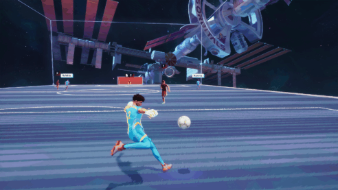 A screenshot from Rematch where the player in a blue uniform and red shoes is ready for a big kick down field which happens to be in space with a space station in the background