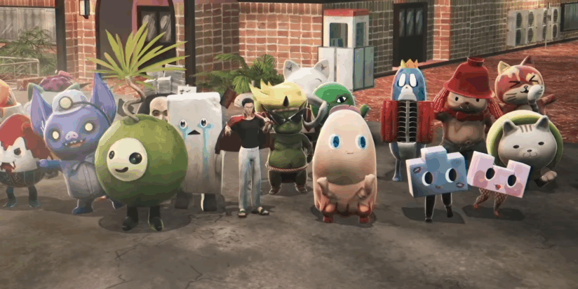 A big group shot of the mascots and the one human main character, tiny by comparison, in Promise Mascot Agency.