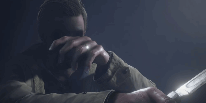 Resident Evil's Ethan Winters sits in hazy darkness clutching a knife, his hand forlornly covering his face.