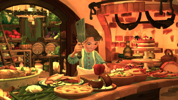 A screenshot from Tales of the Shire shows a hobbit in her kitchen, preparing to chop a giant hunk of meat with a cleaver.