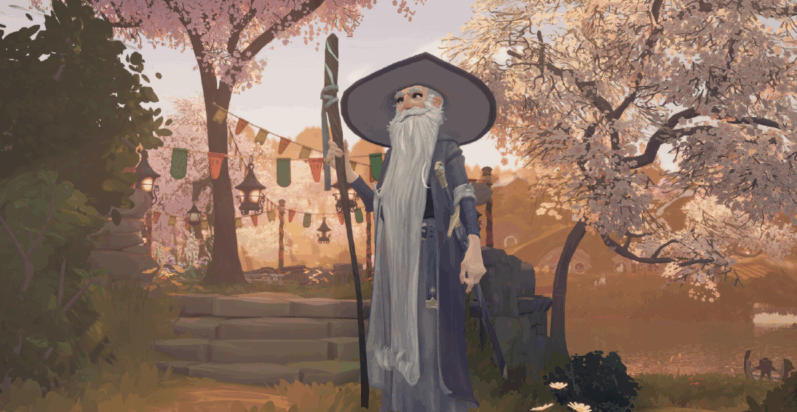 Another screenshot from Tales of the Shire shows Gandalf standing in an autumnal wood at golden hour.