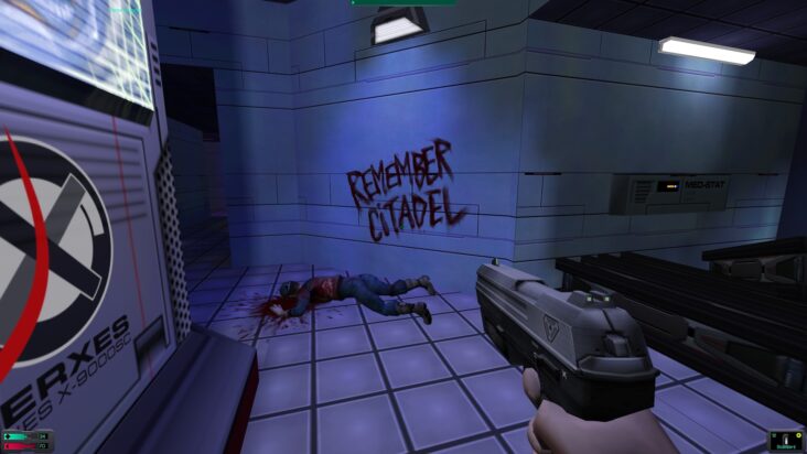 A screenshot from System Shock 2 shows graffiti reading "remember Citadel" written on the wall in what appears to be blood, a dead body lying beneath the message. 