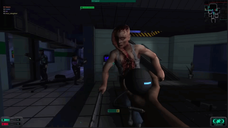 Another screenshot from System Shock 2 shows a well-muscled enemy with a gruesome tentacle growing from their head approaching the player, ready to fight.
