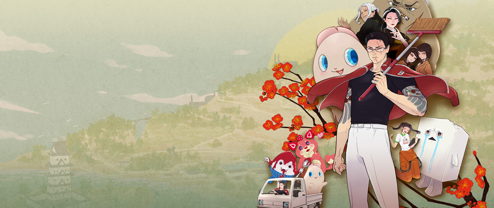 Key art from Promise Mascot Agency featuring the main cast of characters standing against a slightly washed out background.