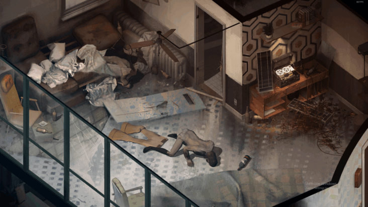 Clad only in knee-socks and dingy briefs, Harry struggles to rise from the floor of his trashed apartment, trousers splayed on the ground directly behind him.