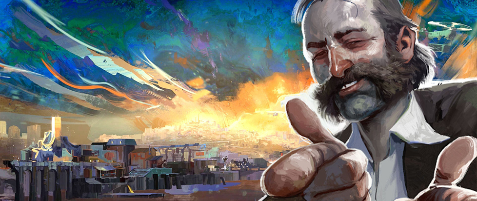 A harried Harrier "Harry" Du Bois, protagonist of Disco Elysium, makes finger guns at the viewer while displaying a drunken half-smile.