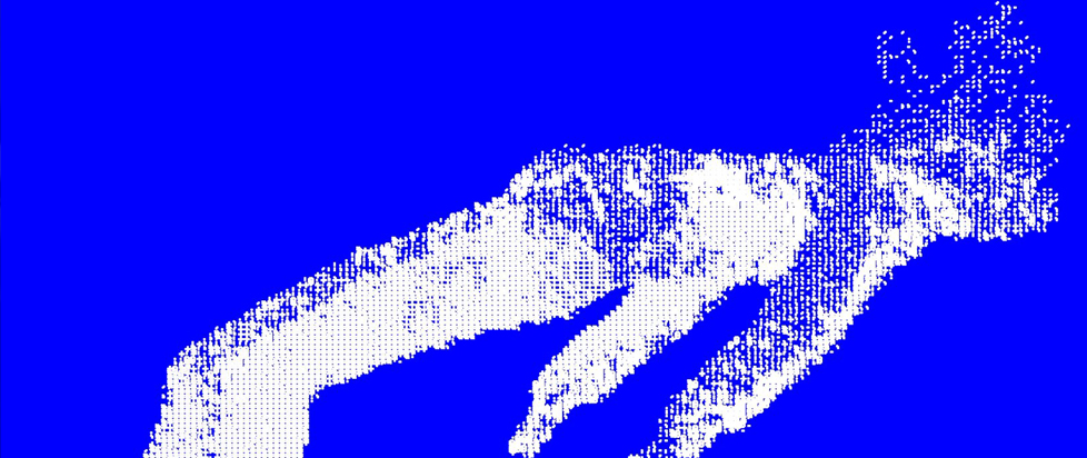 A cool negative image of a person floating against a cobalt blue background.