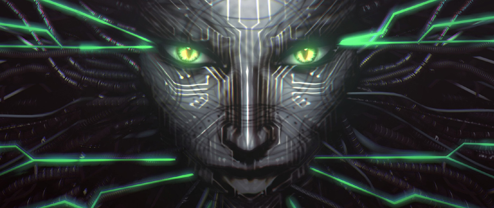 System Shock villain SHODAN gazes menacingly toward the viewer, eyes light electric green and skin resembling a computer circuit board.
