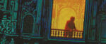Detail from an early cover of Gabriel Garcia Marquez's Autumn of the Patriarch shows the back-lit silhouette of a man leaning against the railing of a balcony.
