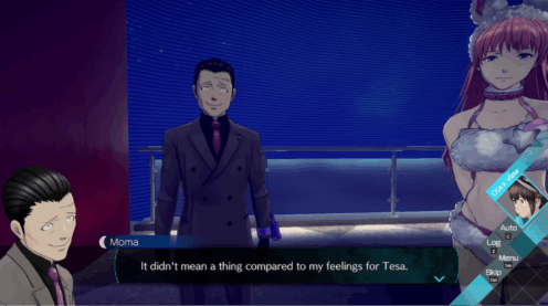 Another screenshot from No Sleep where Moma is talking about his feelings for Tesa while standing next to a woman wearing a bunny lingerie outfit