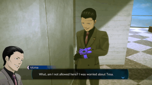 A screenshot from No Sleep etc. where Moma is wearing a green suit and talking into a purple wrist device asking why he isn't allowed somewhere