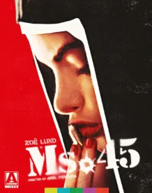 The cover for the Arrow Video Blu Ray for Ms. 45 with a soman in a nun's habit kissing a bullet with painted fingernails 