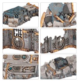 Some official Warhammer terrain in six images of weathered and rusty metal doors, piles of scrap, walls and rocks all blasted to miniature slag