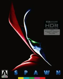 The box cover for Arrow Video's 4K Ultra HD release of Spawn with the iconic red cape and white mask and green eye in stark silhouette with the title of the movie at the bottom
