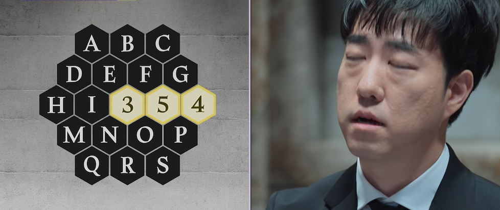 A screenshot from The Devil's Plan where a hex grid of letters on the left shows a correct answer played and the player on the right with his eyes closed and a look of relief on his face