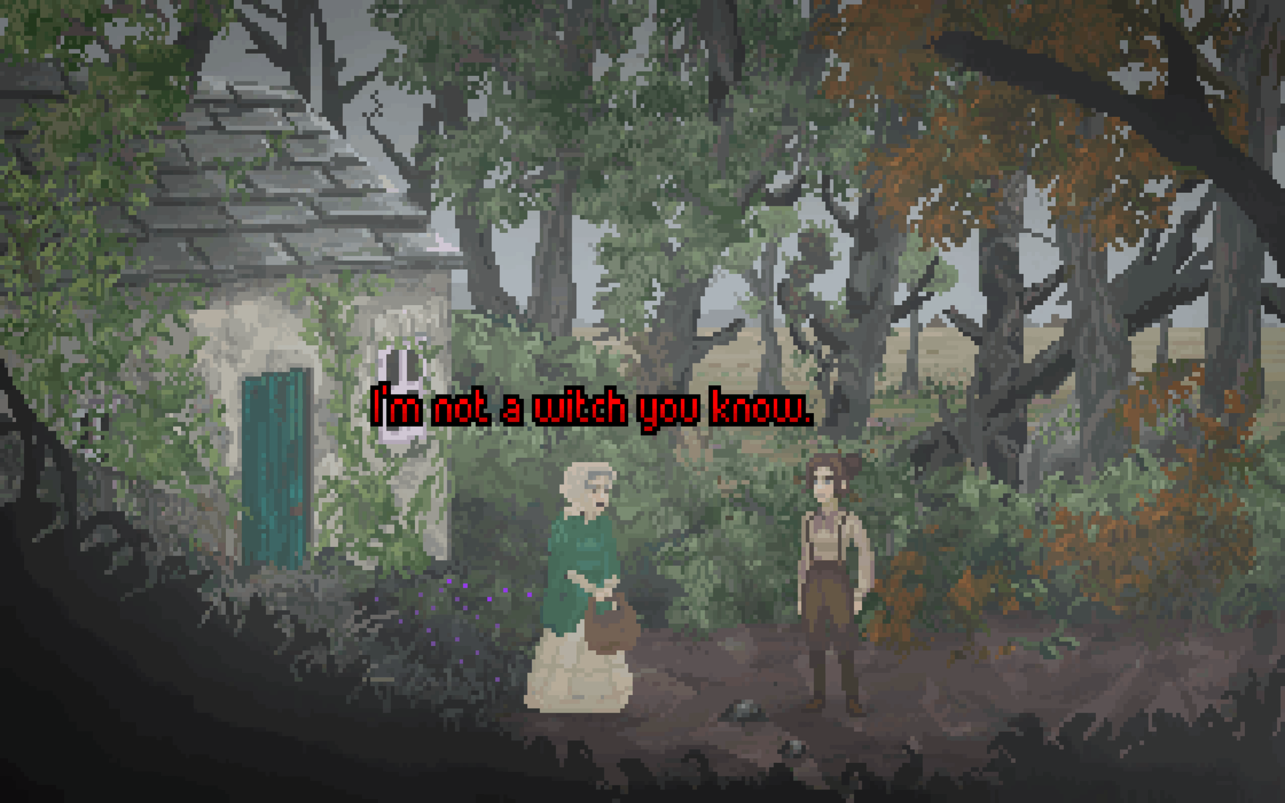 A screenshot from The Excavation of Hob’s Barrow shows Mildred in the garden outside her cottage telling Thomasina, "I'm not a witch, you know."