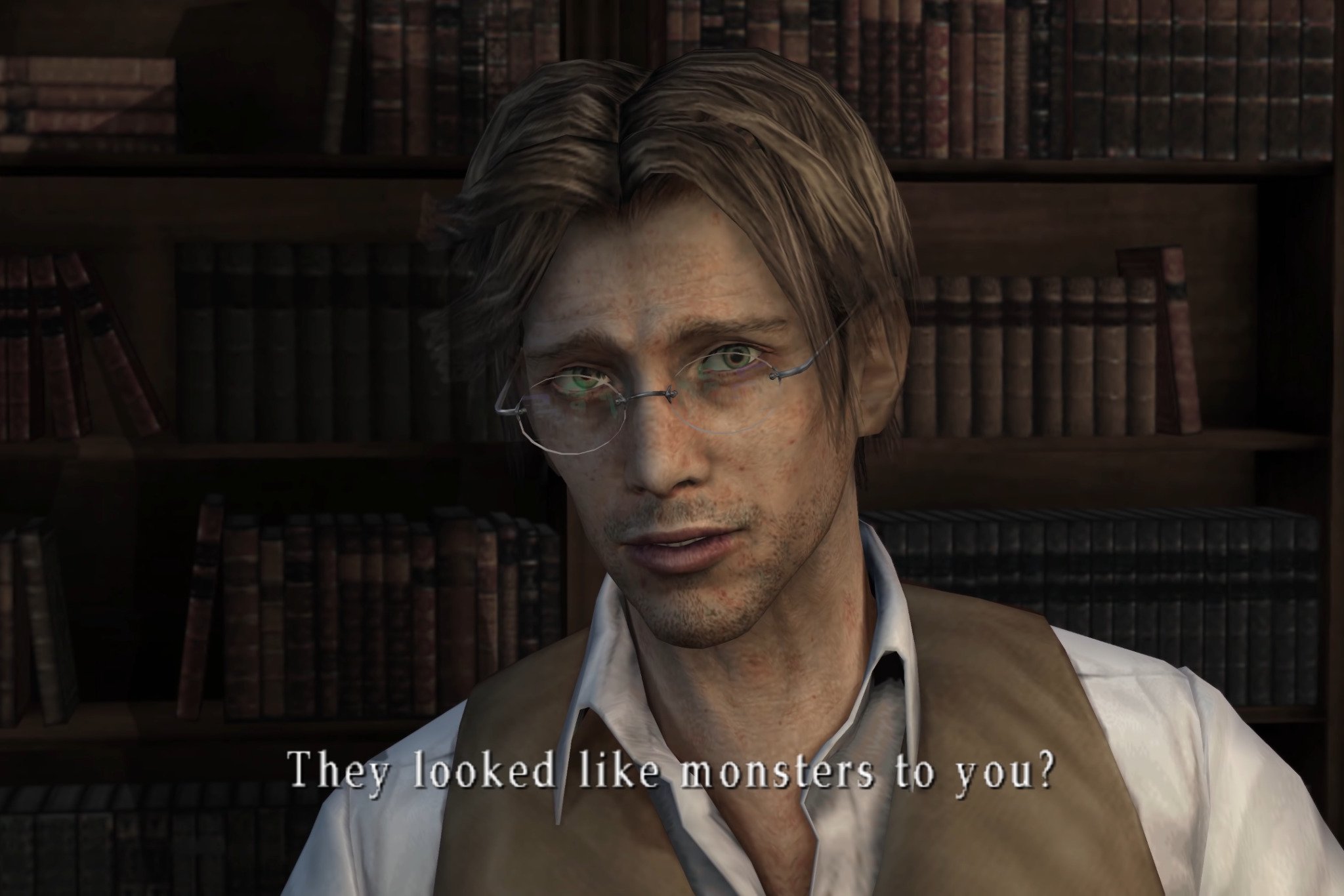 A close-up on Vincent (a blond, bespectacled man in a button-down and waistcoat) from Silent Hill 3 asking, "they looked like monsters to you?"