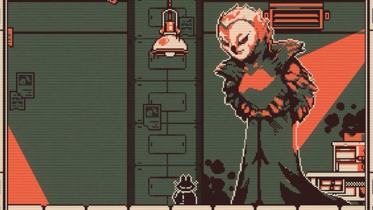 Another screenshot from Everdeep Aurora shows a looming owl-like being staring down and much smaller character, perhaps a black kitten or bunny (or hybrid of both?).