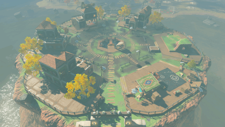 An aerial view of the pre-fab buildings of Tarrey Town in Breath of the Wild, all arranged around a center courtyard.