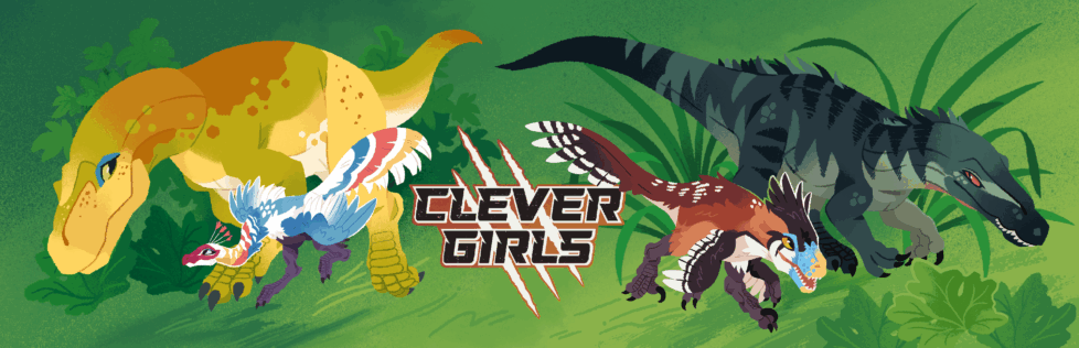 Title art for Clever Girls featuring four of the dinosaur characters and the game's logo.