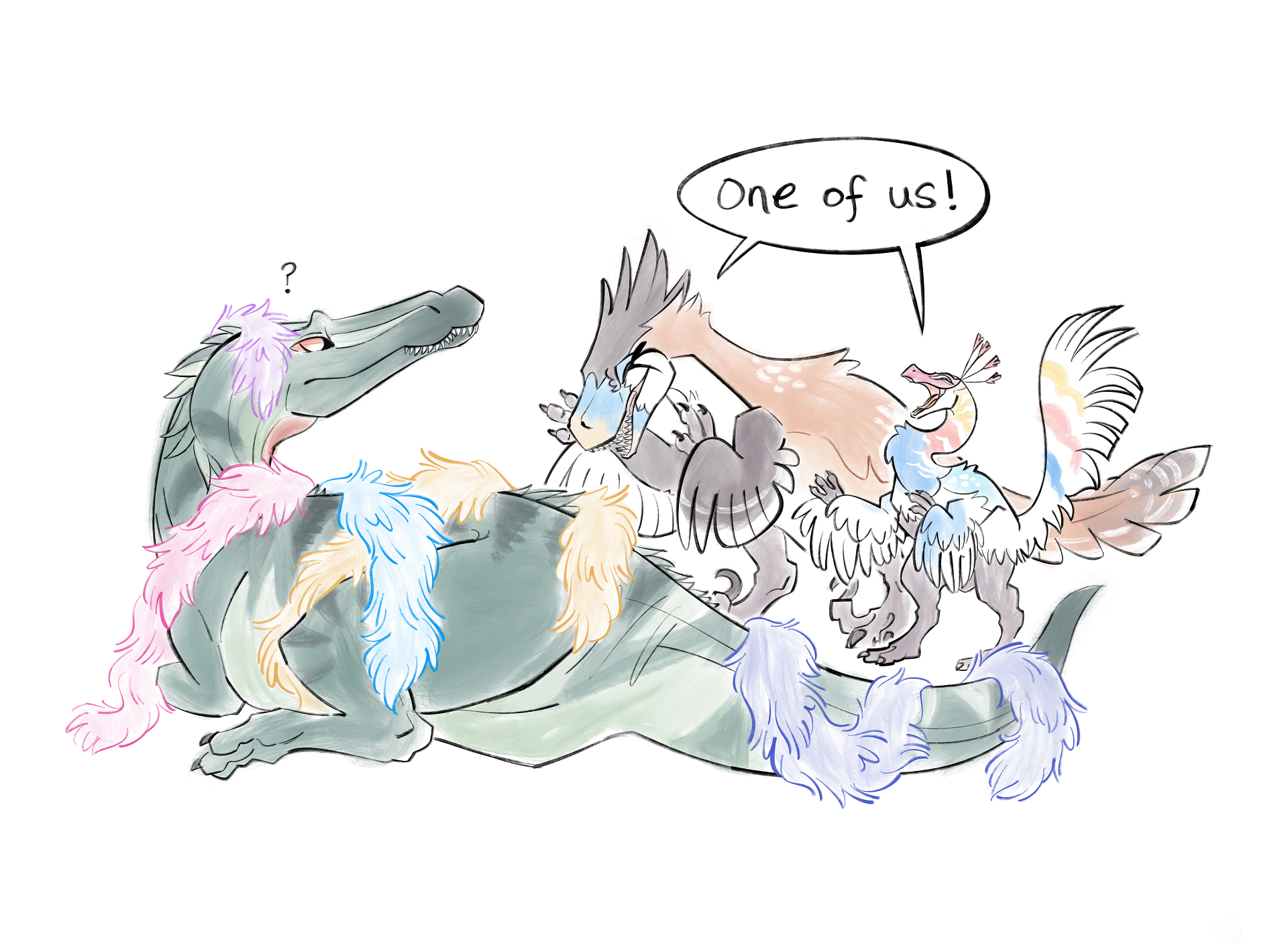 A watercolor character sketch of the four main characters in Clever girls where Shade is being welcomed to the group with a resounding "one of us!" shouted by the other three.