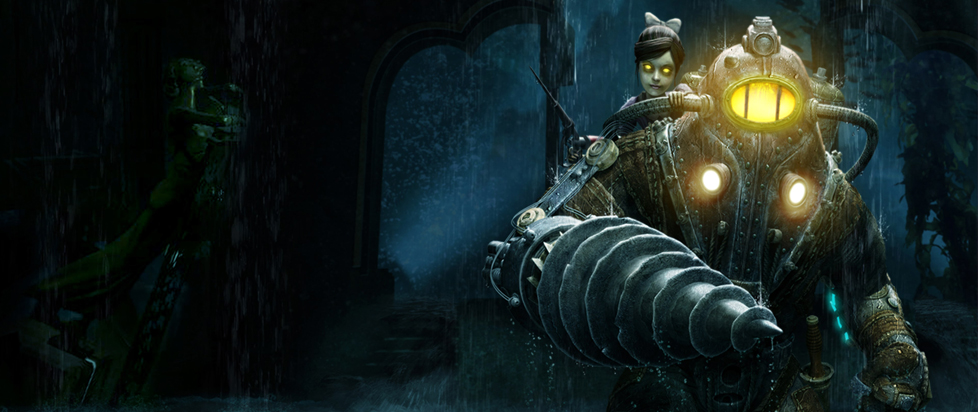 Key art from Bioshock 2 shows a Big Daddy looming in the darkness like a deep sea diver.