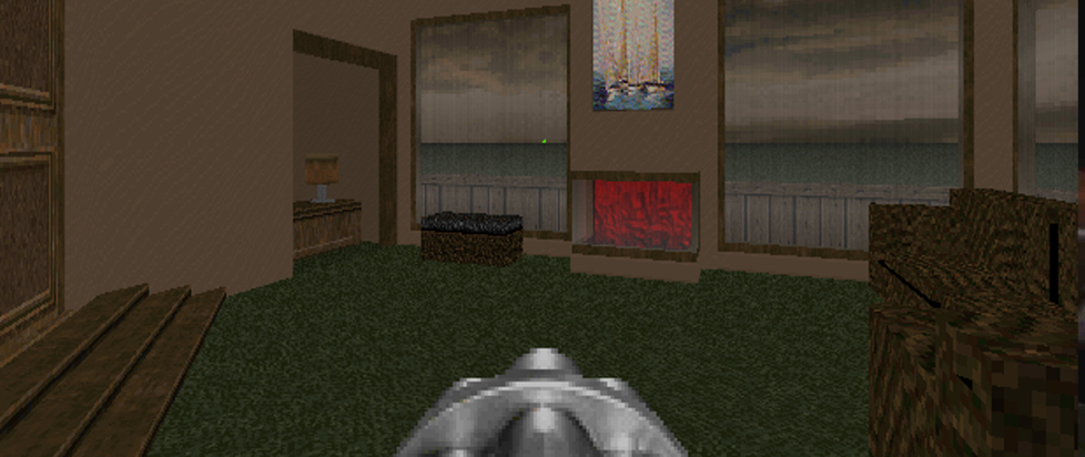 A screenshot from myhouse.wad shows sunken living room rendered in the style of Doom II.