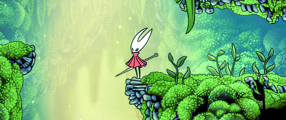 Hornet stands at the edge of a cliff of greenery, holding her pin sword.