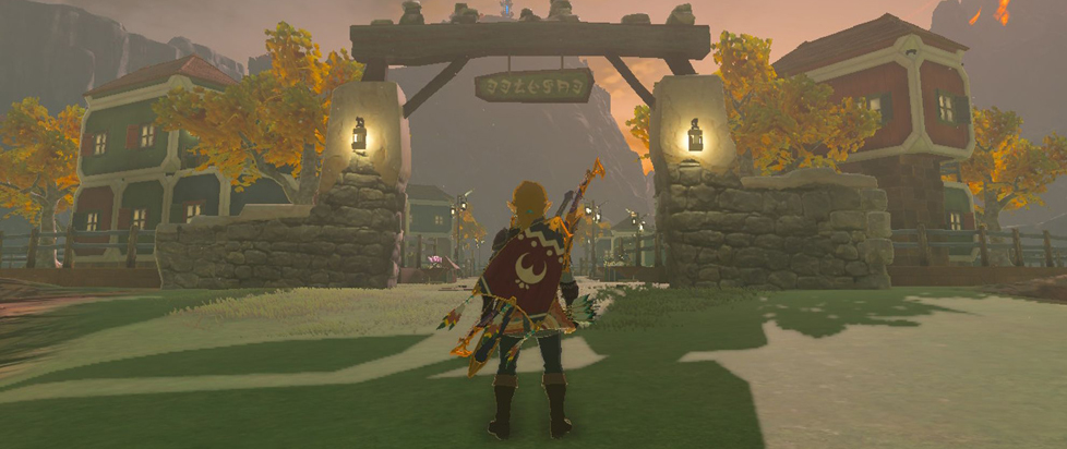 Link stands before the gate to Tarrey Town in a screenshot from Breath of the Wild.