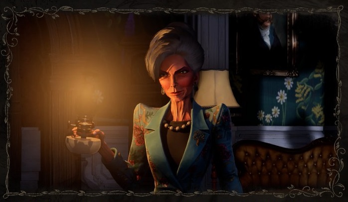 An older woman, gray hair piled in a prim bun atop her head, stands in a dimly lit parlor and gazes towards the viewer with a sinister expression.