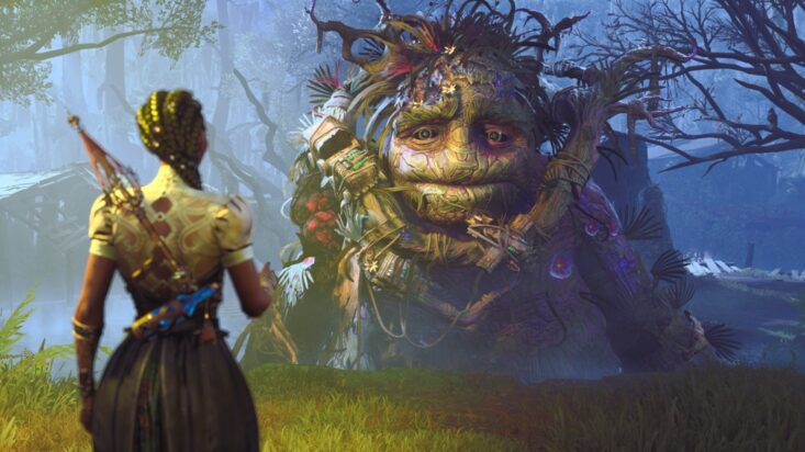 Hazel converses with large root-like creature who seems to be partially composed of swamp detritus.