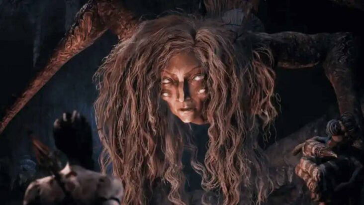 A large spider woman, beautiful but with two sets of milky white eyes, confronts Hazel in this screenshot from South of Midnight.