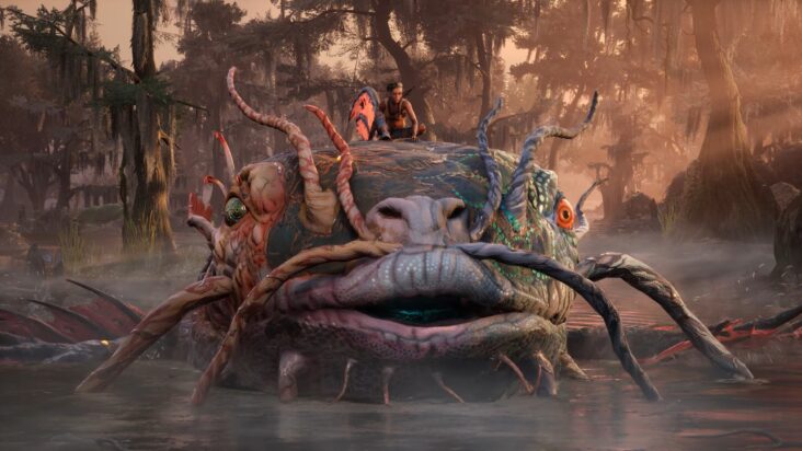 A screenshot from South of Midnight shows Hazel riding the head of an absolutely massive catfish creature.