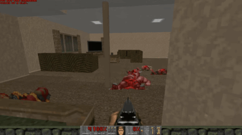 A screenshot from the Doom mod My House where Doom Guy is staring into a living room with a TV, couches, and the bodies of slain demons